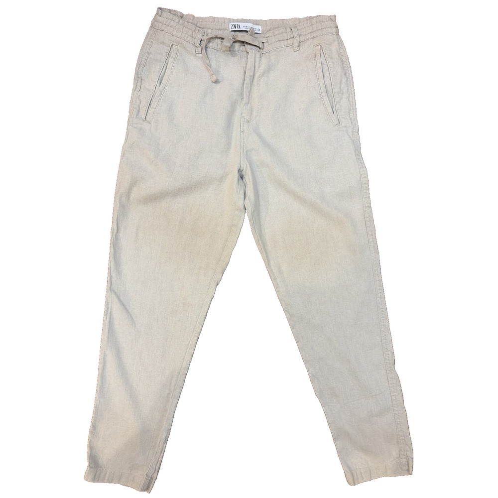 Zara Womens Linen Blend Drawstring Pants Size 30 Beige Casual Trousers